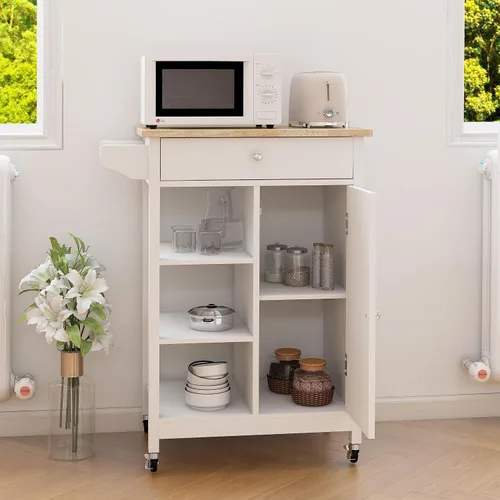 Miniatura 2 de RASOO Carrito de cocina con almacenamiento, pequeño carrito de isla estrecho blanco sobre ruedas, armario de almacenamiento superior de madera