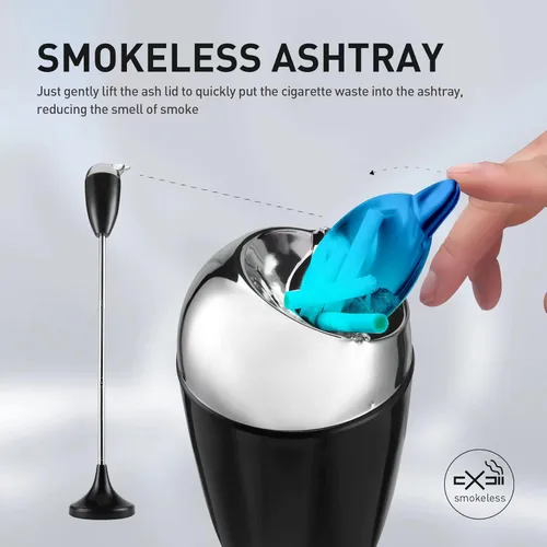 Miniatura 3 de Anfrere Cenicero ajustable con tapa, sin humo, resistente al viento, soporte alto para patio en casa, recipiente negro para cenizas de cigarrillos
