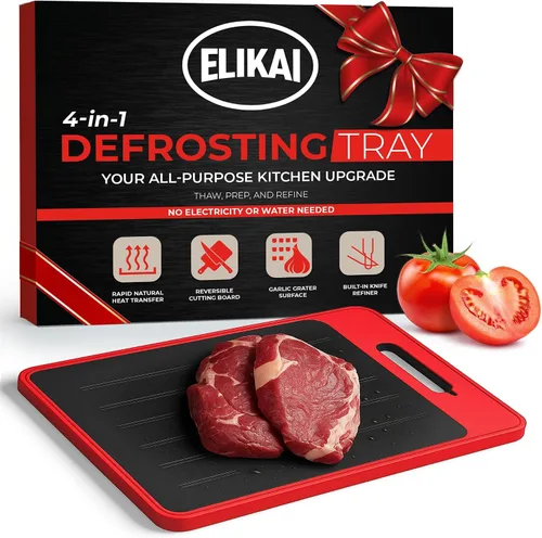 ELIKAI Bandeja de descongelación para carne congelada – Bandeja de descongelación de carne 4 en 1 con refinador de cuchillos integrado, rallador de