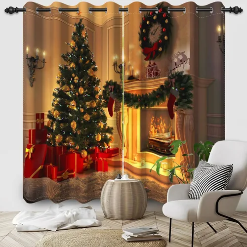 Miniatura 11 de Cortinas con adornos de Navidad impresos, cortinas para ventana de chimenea, calcetines de Navidad, árboles de Navidad, regalos, paneles opacos