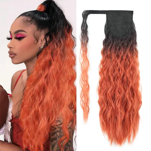 Miniatura 16 de Extensión de cola de caballo con clip de onda de maíz, 22 pulgadas de largo, ondulado, rizado, envolvente, resistente al calor, sintético, postizo