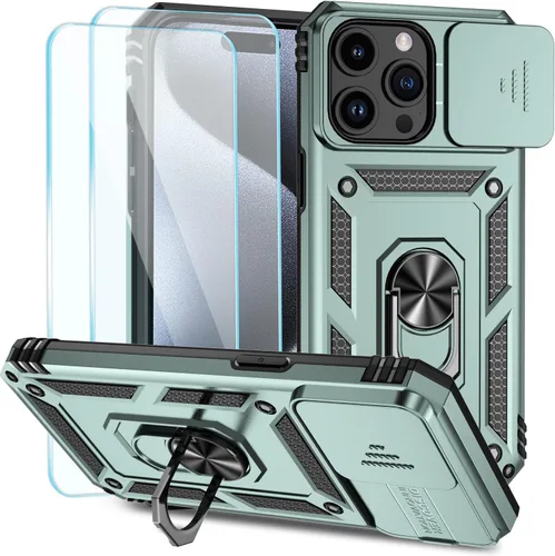 Miniatura 12 de SunStory Funda compatible con iPhone 15 con protector de pantalla HD, cubierta de cámara deslizante y soporte de anillo giratorio, [grado militar]
