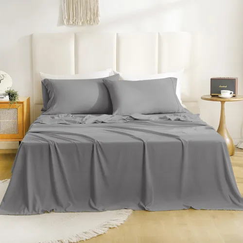 Miniatura 27 de CozySmile Juego de sábanas transpirables y refrescantes, sábanas de lujo de 4 piezas con bolsillo profundo para cama de tamaño matrimonial, se Beige