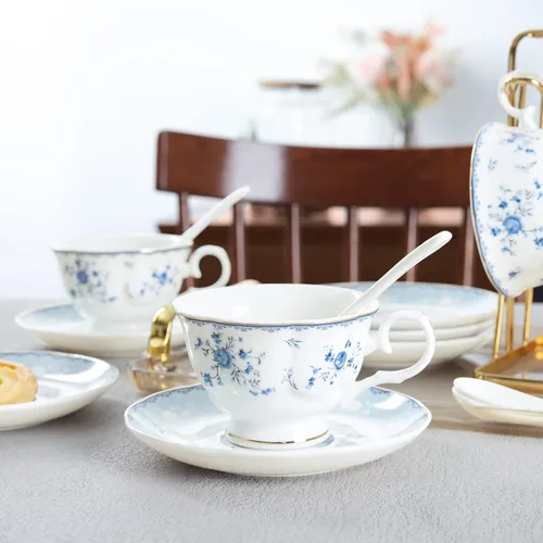 Miniatura 4 de fanquare Juego de té de porcelana de rosa azul, tetera floral británica con tazas de té, juego de fiesta de té para mujer para 6