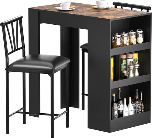 VECELO Mesa de bar pequeña y sillas de cocina alta rincón de desayuno con taburetes/juego de comedor para 2, estantes de almacenamiento, ahorro de