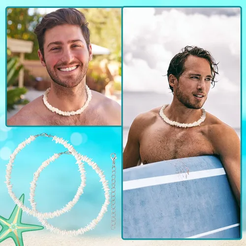 Miniatura 4 de Paquete de 3 collares de concha de Puka, collar de surfista de almeja, collar blanco, gargantilla hawaiana, joyería de playa con cadena extendida