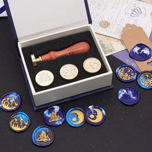 Miniatura 2 de SWANGSA - Juego de sellos de cera, estilo vintage, 4 cabezas con diseños de castillo, libro mágico, luna, planta y estrella + 1 mango de madera