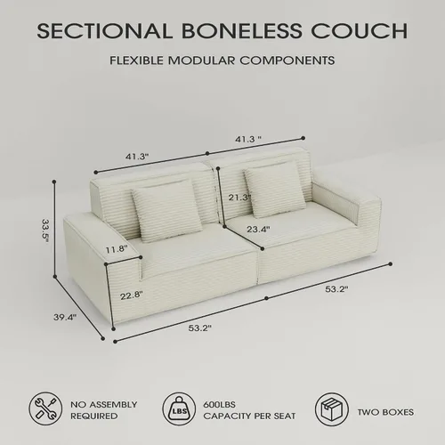 Miniatura 2 de Sofá modular de nube deshuesada de 106 pulgadas, 2 piezas modulares para sala de estar, sofá comprimido en una caja, sin montaje (beige)