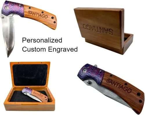 Miniatura 5 de Wood Shop - Cuchillo de bolsillo grabado, regalo para hombres, hoja de acero inoxidable de 5 pulgadas con clip para cinturón ultra seguro y cómodo