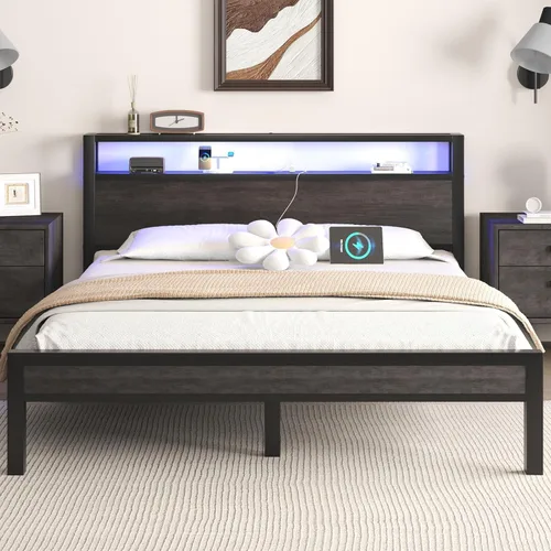 Miniatura 13 de Marco de cama tamaño completo con cabecera de almacenamiento, cama plataforma industrial con estación de carga y luces LED, listones de metal Negro