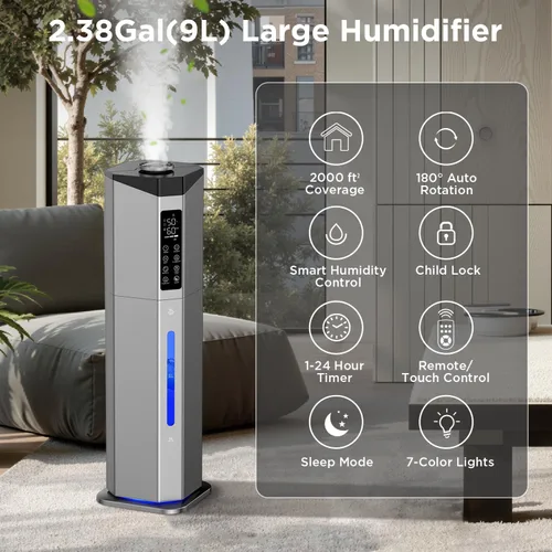 Miniatura 2 de Humidifiers for Bedroom - GloryAir 2.38Gal/9L Dual Atomizers Top Fill Humidifier for Large Room 2000ft² with Auto Rotation 7-Color Light Humidistat