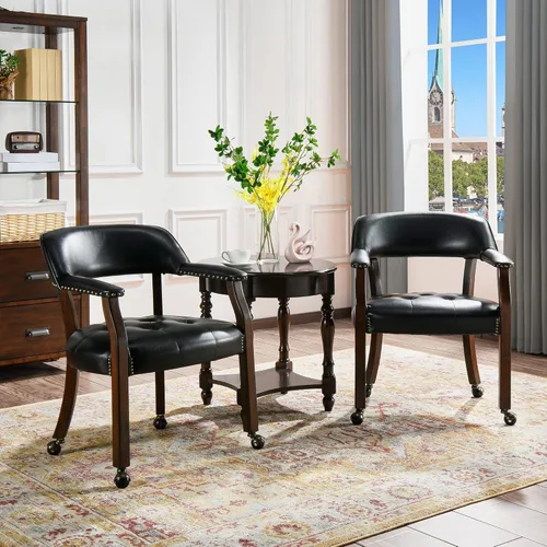 Miniatura 12 de Juego de 8 sillas de cuero de comedor con ruedas y brazos, silla de capitán Accent con ruedas, sillas de madera con ruedas enrollables para cocina