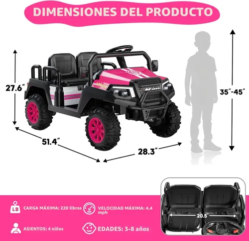 Miniatura 4 de Coche eléctrico para niños, juguetes de 24 V y 4 plazas con control remoto para padres, suspensión de 4 ruedas, capacidad máxima de peso de 220 Rosa