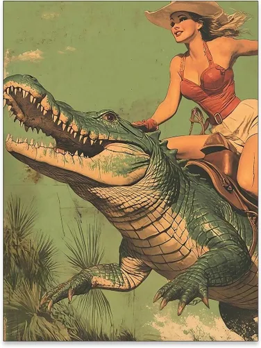 Haitunone Arte de Pared Vintage Sudoeste Occidental Arte de Pared Único Divertido Pósters de Animales Vaquera Montando Arte de Aligátor en Lienzo