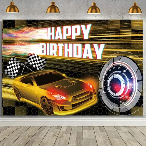 Miniatura 22 de MEHOFOND Telón de fondo negro de 7 x 5 pies, decoración de fiesta de carreras para niños, cartel de fiesta de cumpleaños con temática de auto