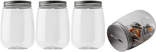 Tarros pequeños de plástico transparente para monedas, paquete de 4, 16 onzas con tapas ranuradas plateadas, alcancías transparentes para adultos,