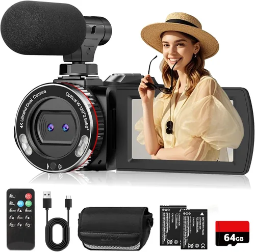 Videocámara de video 4K, cámara de vlogging UHD de 64MP para YouTube TikTok, lente dual de 120° gran angular, pantalla IPS de 3.0 pulgadas, zoom