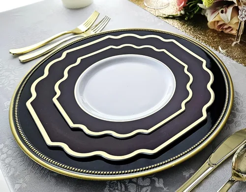 Miniatura 4 de Ocassions - Vajilla de 50-150-200 piezas para 25 invitados, color dorado E. Imperial Negro y Oro