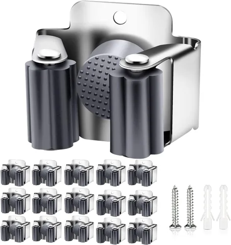 Miniatura 13 de Verdenu Paquete de 25 soportes de pared para escoba, soporte de pared para trapeador y escoba, soporte de fregona de acero inoxidable Command