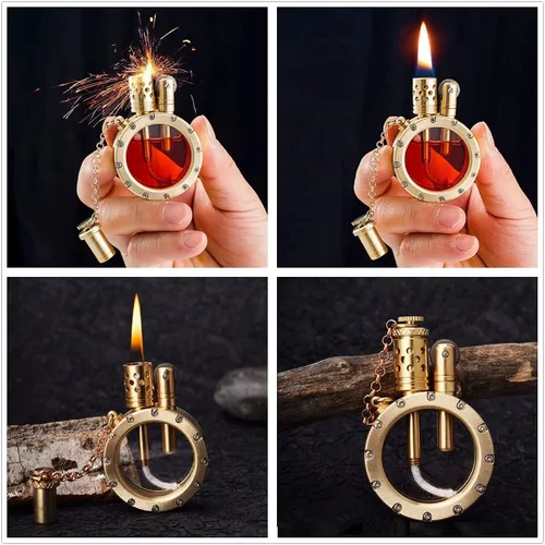 Miniatura 6 de Encendedor de queroseno antiguo vintage con diseño creativo de botella transparente, estilo steampunk fresco, rueda de encendido, regalos