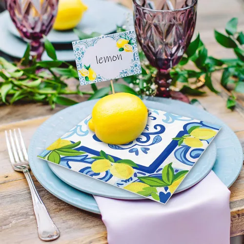 Miniatura 5 de JarThenaAMCS 80 servilletas de papel de limón de azulejos cian-azul amarillo servilletas de almuerzo acuarela limón desechables servilletas de cena