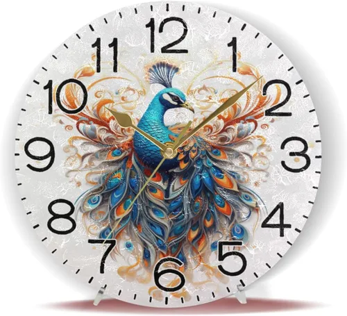 Miniatura 6 de Reloj de pared de pavo real con hermosas plumas, funciona con pilas, silencioso, de cuarzo, analógico, rústico, rústico, reloj redondo, decoración