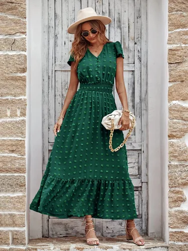 Miniatura 4 de PRETTYGARDEN - Vestido bohemio de manga corta con cuello en V y plumetí con volantes, vestido maxi fruncido de cóctel