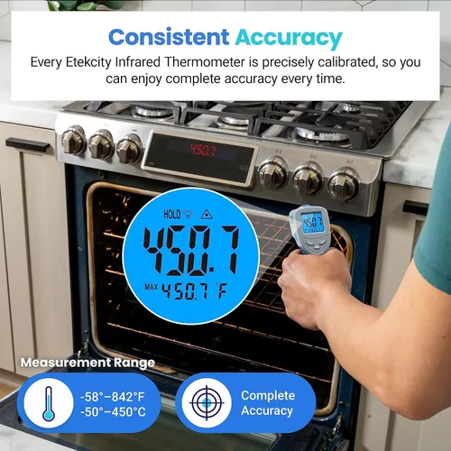 Miniatura 7 de Etekcity Termómetro infrarrojo mejorado 774, pistola de temperatura térmica para cocinar, herramienta láser de superficie IR para pizza, plancha