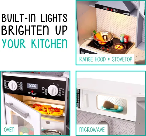 Miniatura 5 de Lil' Jumbl Juego de cocina de esquina para niños, cocina de lujo de madera de simulación, máquina de hielo a pilas, estufa y grifo con sonido gris