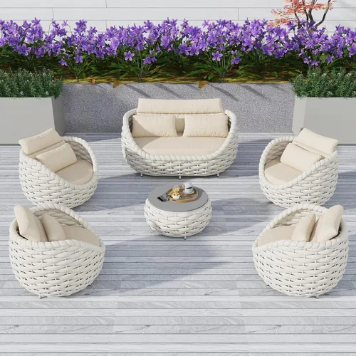 Miniatura 8 de TWT 3-Piece Woven Rope Patio Furniture Set, 2 Outdoor Armchairs with Soft Cushions + Round Aluminum Coffee Table, All-Weather Conversation Set for