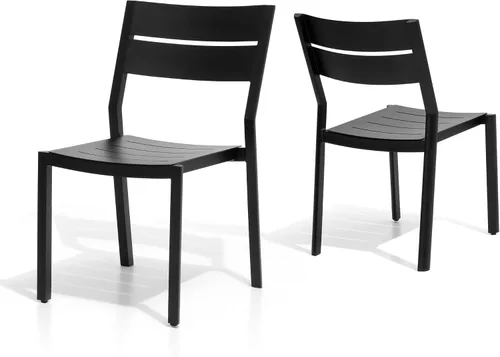 Miniatura 10 de Pellebant Juego de 2 sillas de comedor apilables para exteriores, sillas de patio de aluminio con brazos, para todo tipo de clima, para jardín, Negro