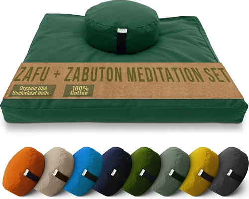Bean Products Juego de alfombrillas de meditación – Zafu almohada de piso orgánica de trigo sarraceno + almohadilla de oración Zabuton rellena de