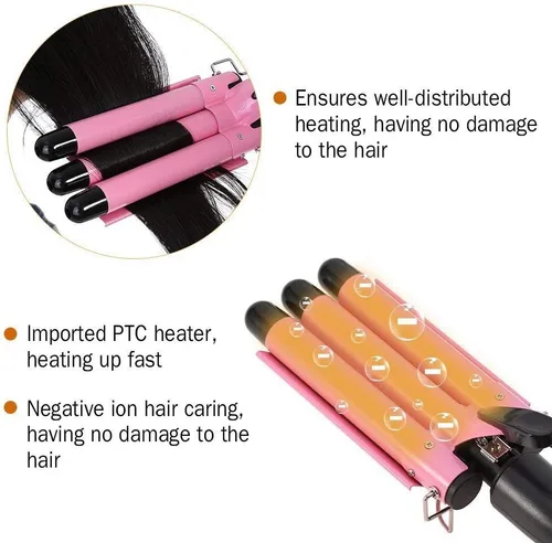 Miniatura 3 de MODVICA varita de rizar de 3 cilindros 26mm ondulador de pelo temperatura ajustable rizador de pelo de cerámica (rosa)
