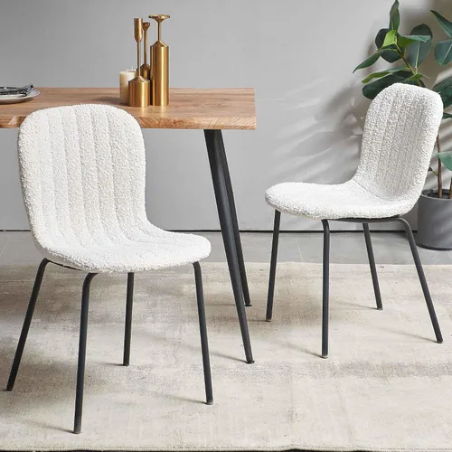 Howtek Mid-Century Modern Dining Chairs Set of 2, Boucle Upholstered Kitchen Chairs with Metal Legs for Dining Room, Living Room, Vanity, White