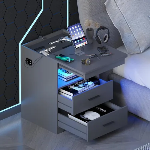 Miniatura 10 de Gurexl Juego de 2 mesitas de noche con estación de carga para dormitorio, mesa auxiliar con cajón secreto para armas, moderna mesa auxiliar LED
