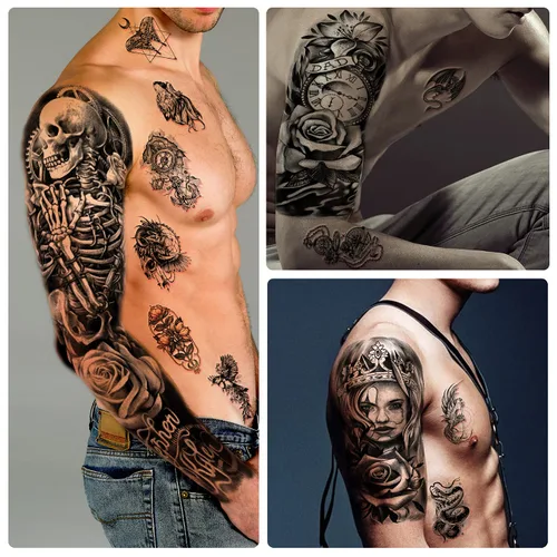 Miniatura 4 de Tatuaje Temporal de Brazo Completo Impermeable para Hombres (L22.8" x A7"), 46 Hojas de Tatuajes Falsos para Mujeres León Tigre Reloj Flor Esqueleto