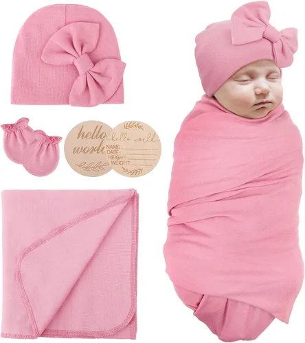 Miniatura 11 de AQOKKA Manta para Recién Nacido con Moño, Juego de Sombrero y Guantes, Tarjeta de Madera para Recién Nacidos, Niños, Niñas, Envoltorio para Envolver