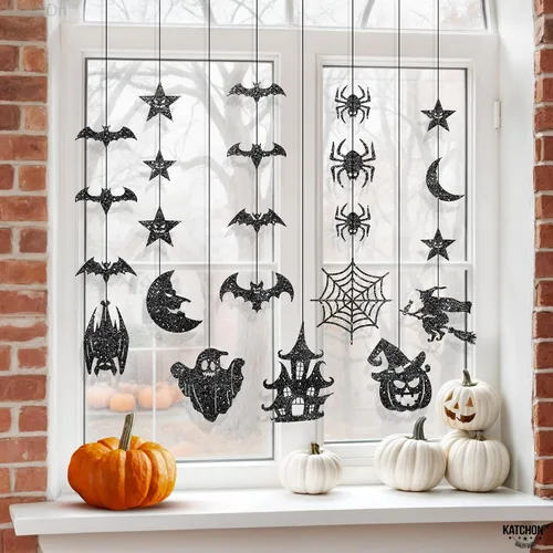 Miniatura 3 de KatchOn, Guirnalda de Halloween negra con purpurina, enorme, paquete de 10 unidades, guirnalda de decoración de fiesta de Halloween con recortes