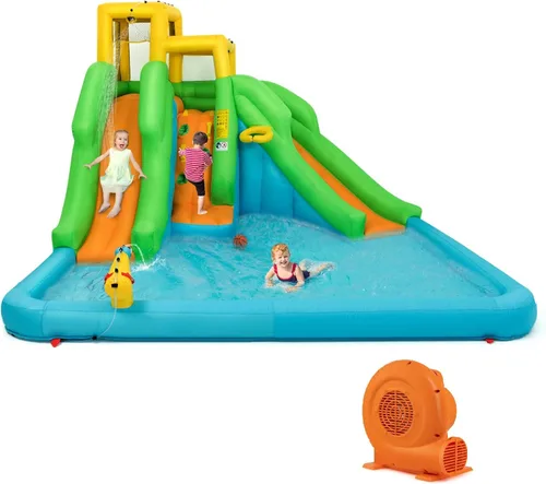 OLAKIDS Tobogán acuático inflable, casa de rebote 6 en 1 con 2 toboganes, pared de escalada, piscina de salpicaduras, borde de baloncesto, pistola