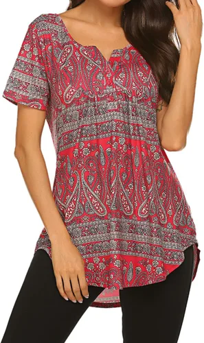 Miniatura 2 de Blusón plisado de manga corta con estampado floral y cuello Henley en V para mujer, con vuelo.
