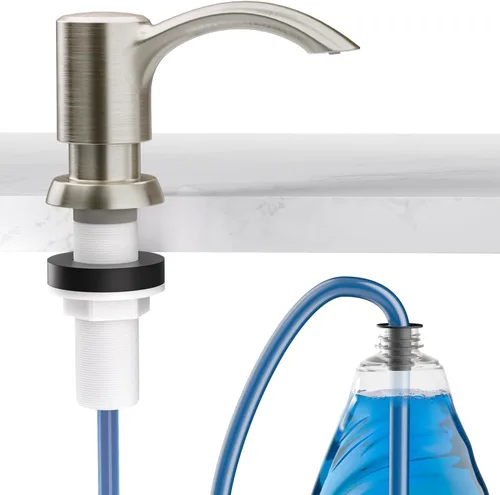 SAMODRA Dispensador de jabón integrado para fregadero de cocina (níquel cepillado) con botella grande de loción PET de 12 onzas, recarga desde la
