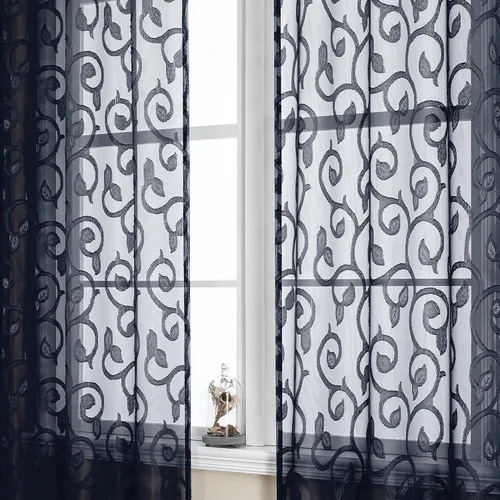 Miniatura 64 de OWENIE Furman - Juego de 2 paneles de cortinas traslúcidas negras de 24 pulgadas de largo, cortinas semitransparentes de jacquard ligeras y aireadas