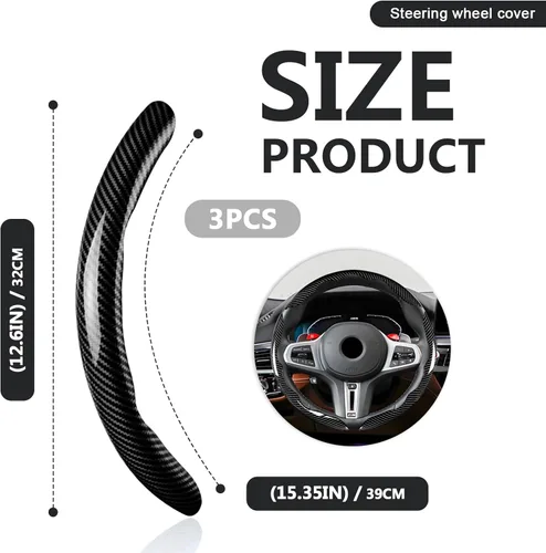 Miniatura 2 de 3 piezas de funda universal para volante de fibra de carbono - Diseño antideslizante y segmentado, protector de volante universal duradero al 99%