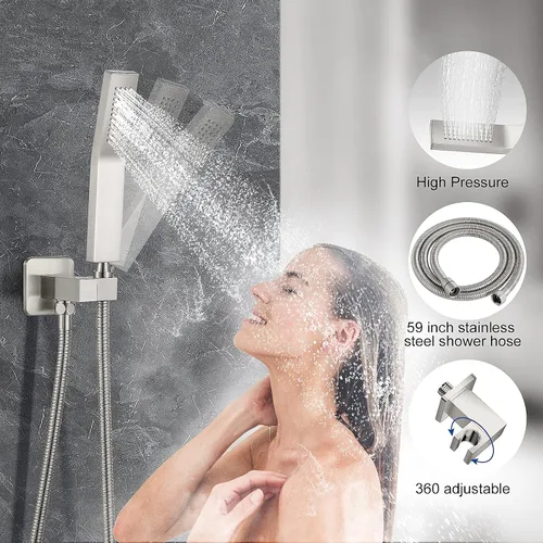 Miniatura 3 de Sistema de ducha de 10 pulgadas con boquilla de bañera, juego de grifo de ducha de níquel cepillado de 3 funciones, cabezal de ducha de alta presión