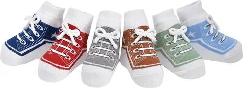 Baby Boy Socks with Sneaker Shoe Look-Non-slip Gripper Soles-3 or 6 Pairs-Cotton-Gift Packaged-Baby Shower-Faux Shoelaces