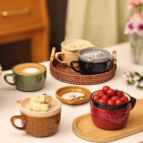 Miniatura 6 de Linda Taza de Cerámica para Gatos con Tapa, Tazas de Café Kawaii o Tazas de Té para Amantes de los Gatos, Tazas Divertidas de Novedad