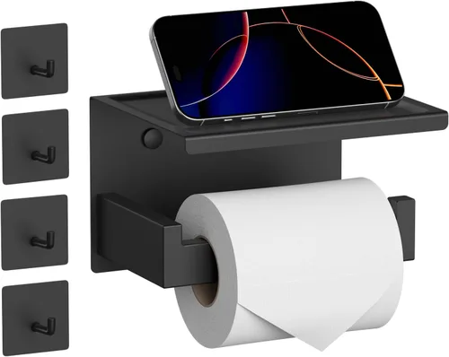 Miniatura 13 de HITSLAM Soporte de papel higiénico con estante, soporte para rollo de papel higiénico cromado autoadhesivo o montaje en pared con estante