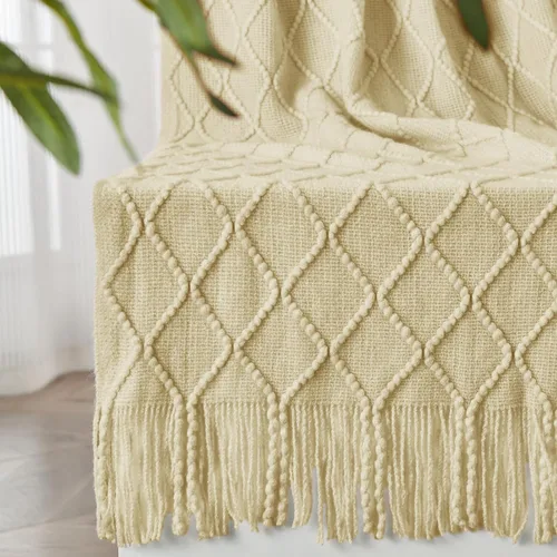 Miniatura 18 de inhand Mantas de punto para sofá y cama, manta de punto suave y acogedora con borlas, mantas decorativas ligeras y mantas decorativas de granja