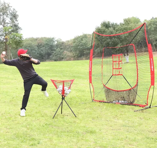 Miniatura 9 de Storgem Red de práctica de béisbol y softbol de 77 pies – Soporte portátil para bateo, lanzamiento, entrenamiento de bateo con camiseta, organizador