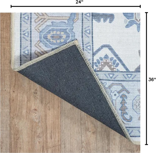Miniatura 2 de Fame Living Alfombra Oushak Crema Azul, Alfombras Pequeñas Modernas, Vintage, Turca, Ecléctica, Floral, Pastel, Lavable, Tapete para Puerta, Felpudo